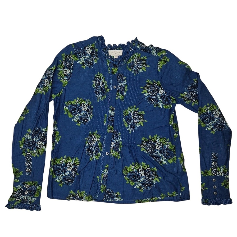 Lucky Brand Women XS Blue Floral Eyelet Lace Trim Blouse Long Sleeve Cottagecore